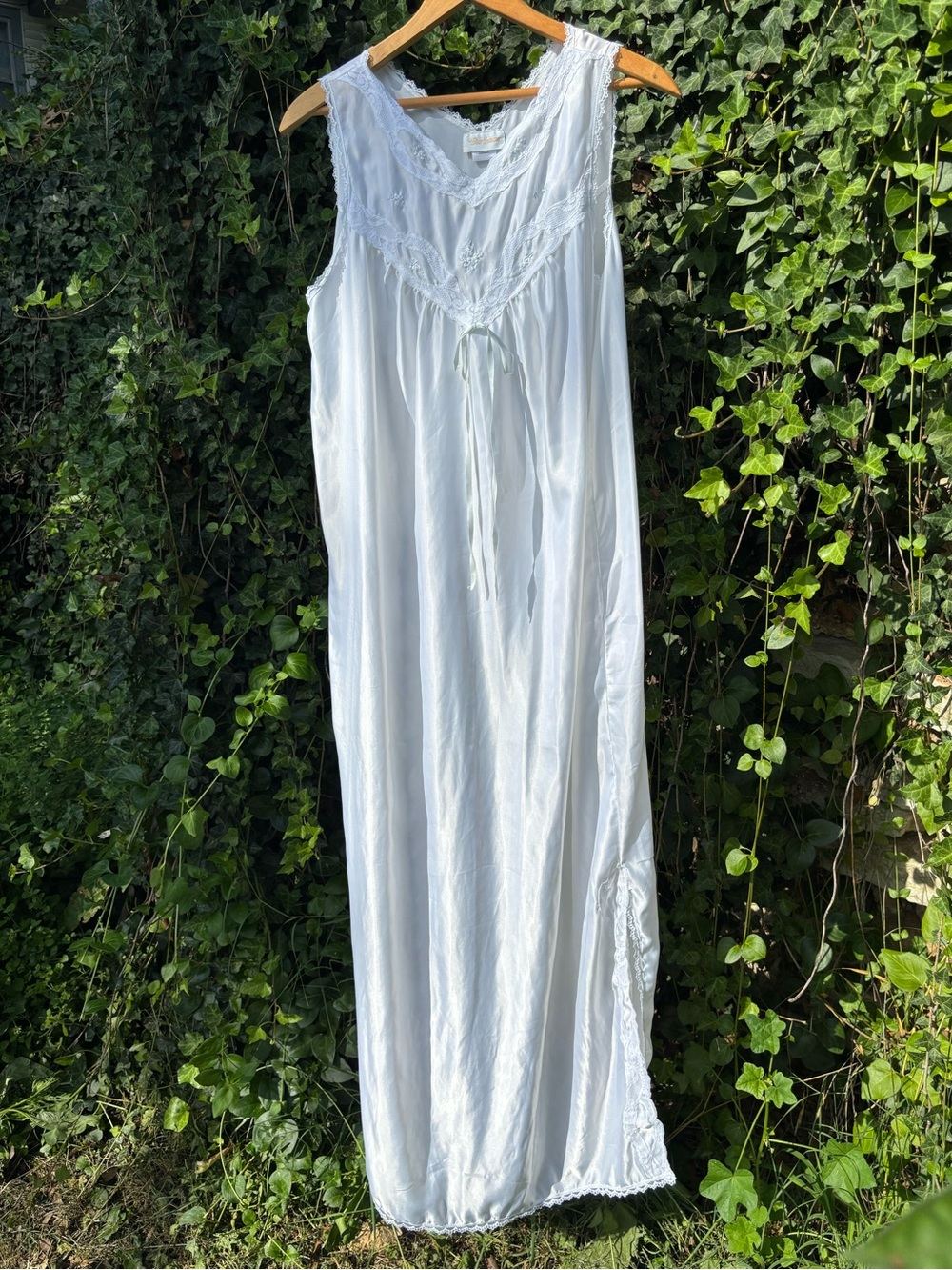 Vintage Barbizon White Long Nightgown with Slit and Lace Trim Size M/L